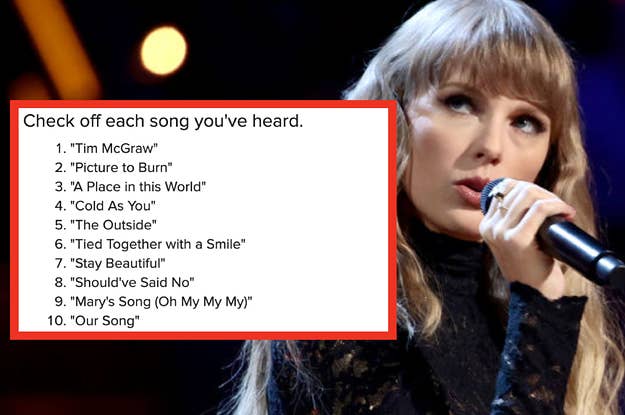 A list of Taylor Swift songs are on the left with Taylor holding a mic on the right