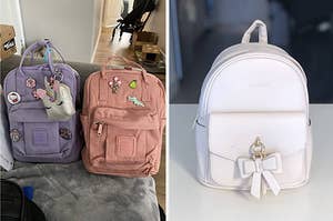 left: reviewer photo of pink and purple mini backpacks. right: reviewer photo of white bow mini backpack.