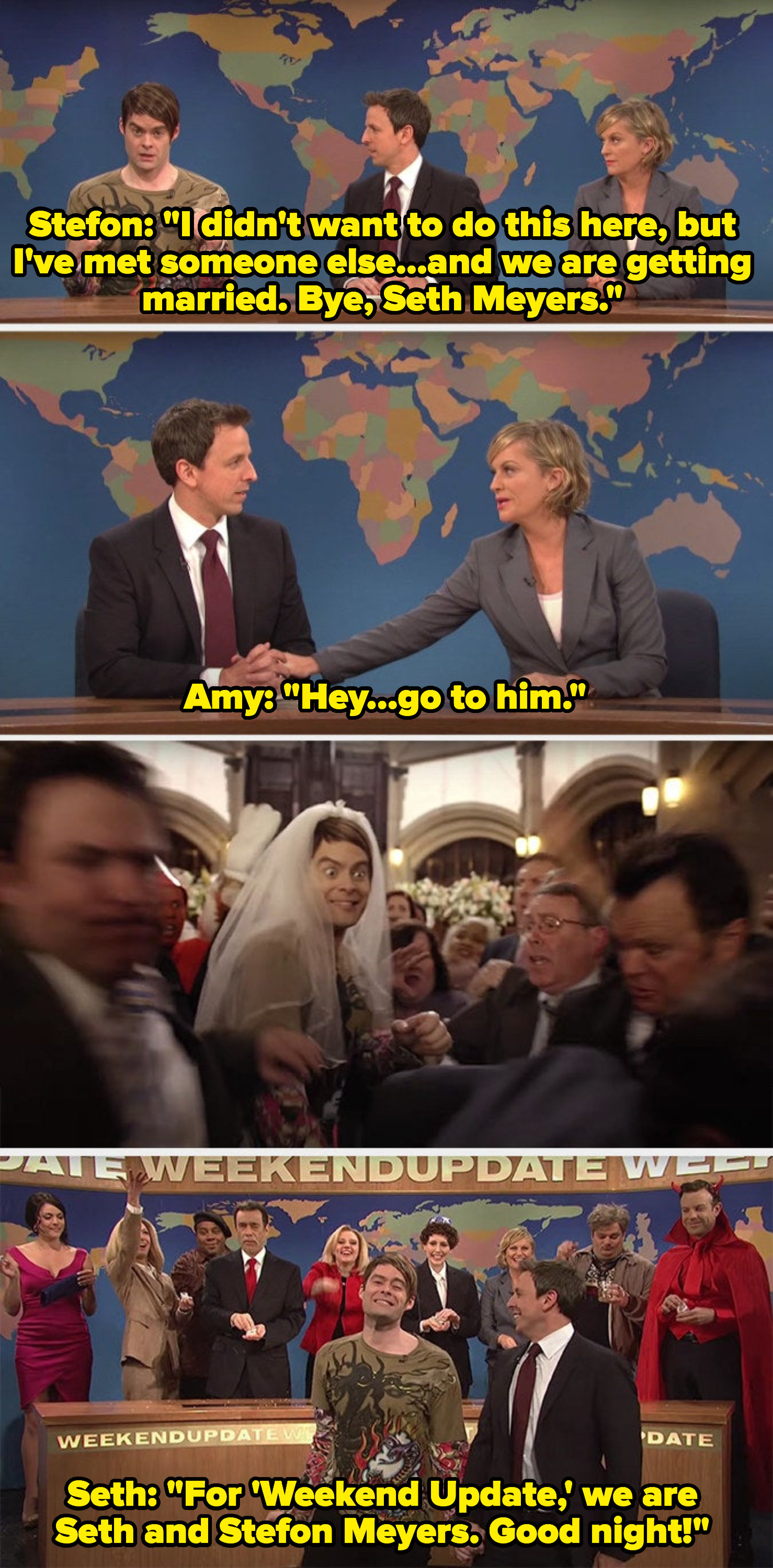 Bill Hader as Stefon leaves Weekend Update and Seth Meyers crashes his wedding before returning to Weekend Update as &quot;Seth and Stefon Meyers&quot;