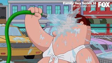 Cartoon character Peter Griffen pouring a water hose on himself