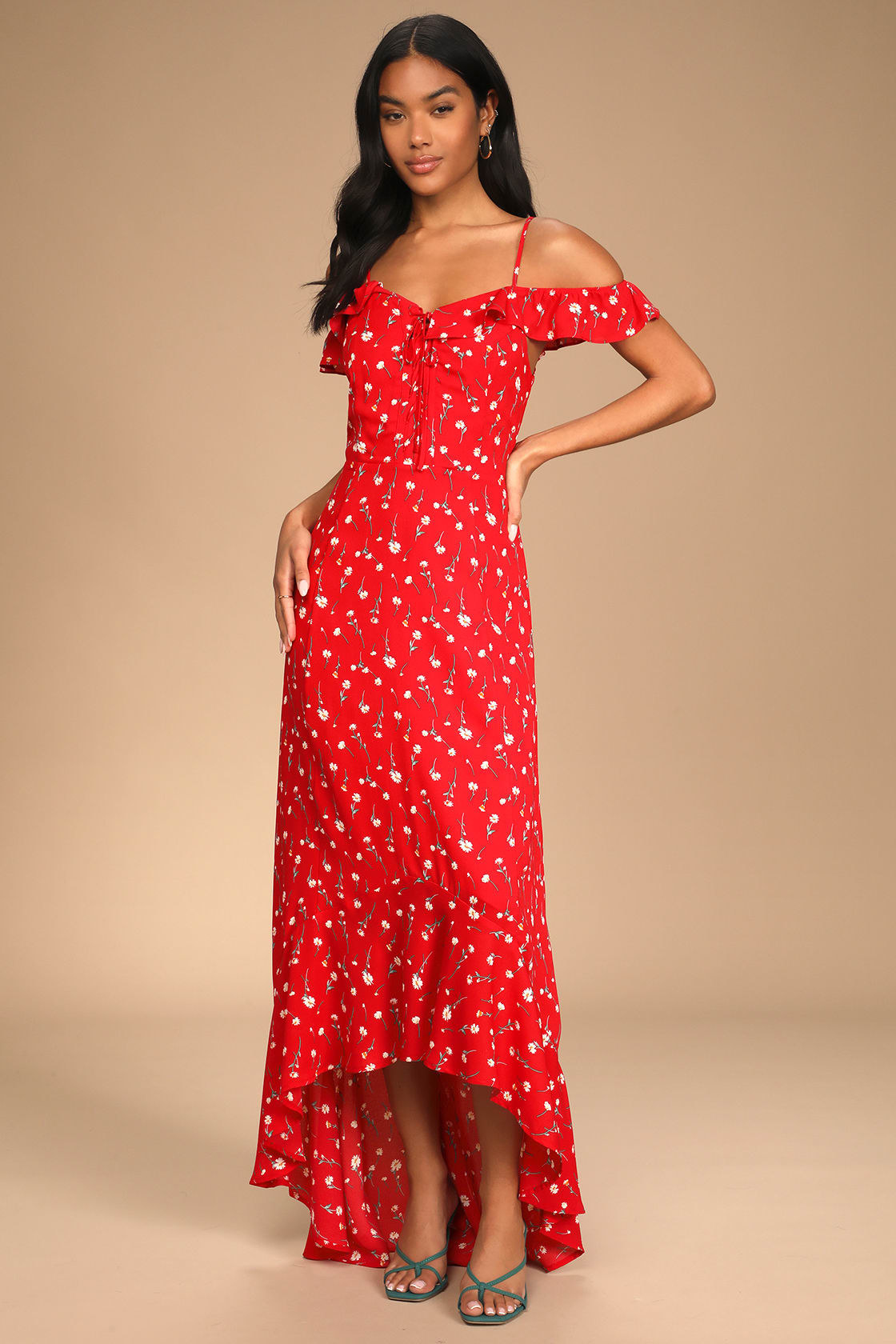 model wearing the dress in red floral