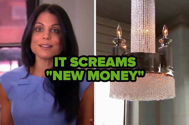 Bethany from "Real Housewives" next to a gaudy chandelier with the caption: "It screams 'new money'"