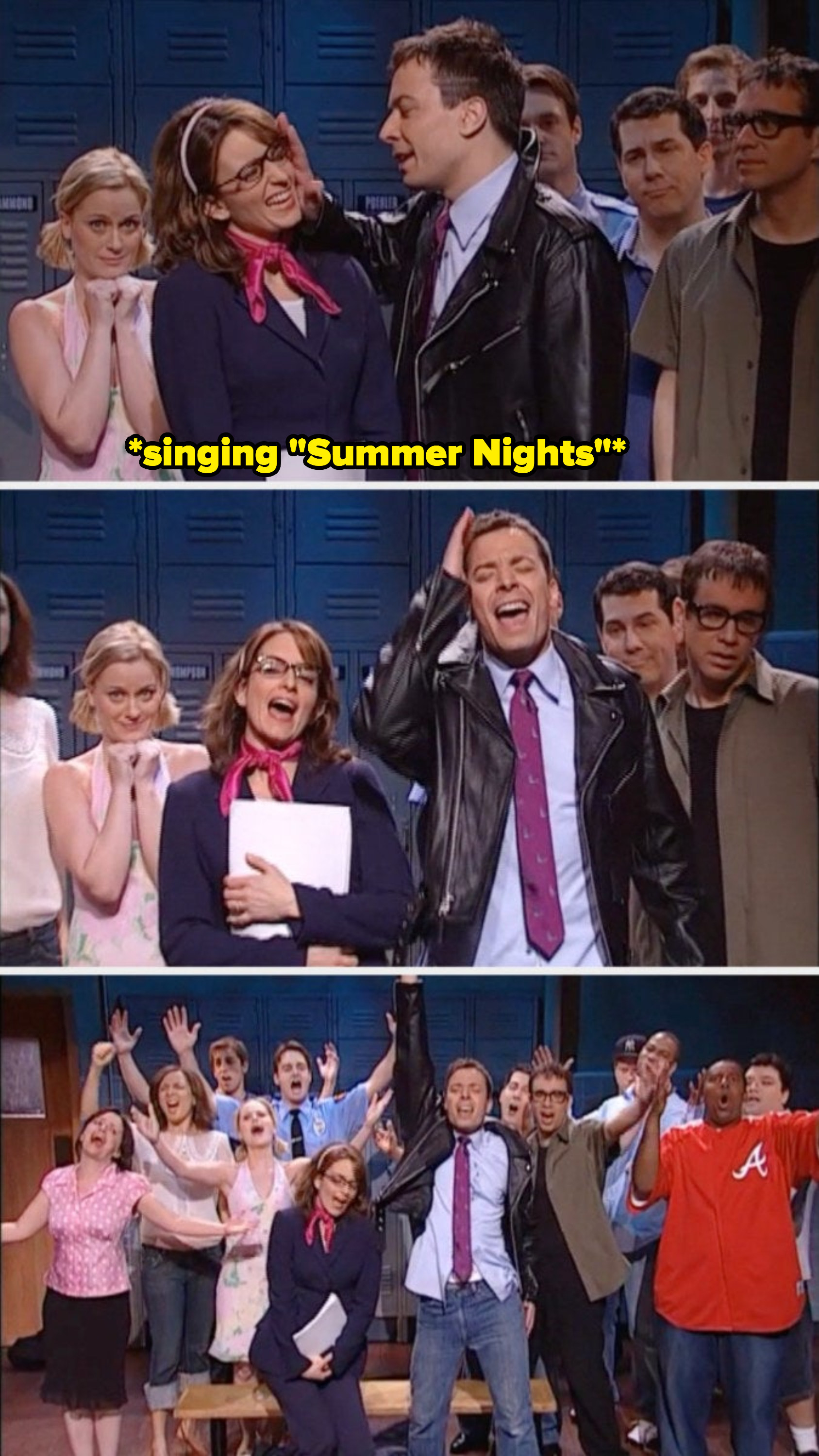 Jimmy Fallon and Tina Fey sing Grease&#x27;s &quot;Summer Nights&quot; with the cast