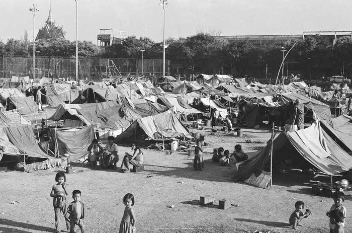 A refugee camp that had been set up on the grounds of a pagoda in Phnom Penh, Cambodia on March 10, 1975.