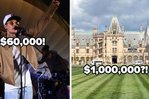 The left side image shows Justin Bieber performing at a concert and the right side image shows a mansion for a wedding venue