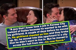 Left: Courteney Cox as Monica Geller smiles at Matthew Perry as Chandler Bing in "Friends" Right: Courteney Cox as Monica Geller kisses Matthew Perry as Chandler Bing in "Friends