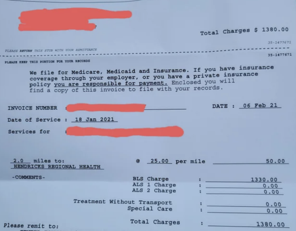 Hospital bill showing that the ambulance cost $1,380