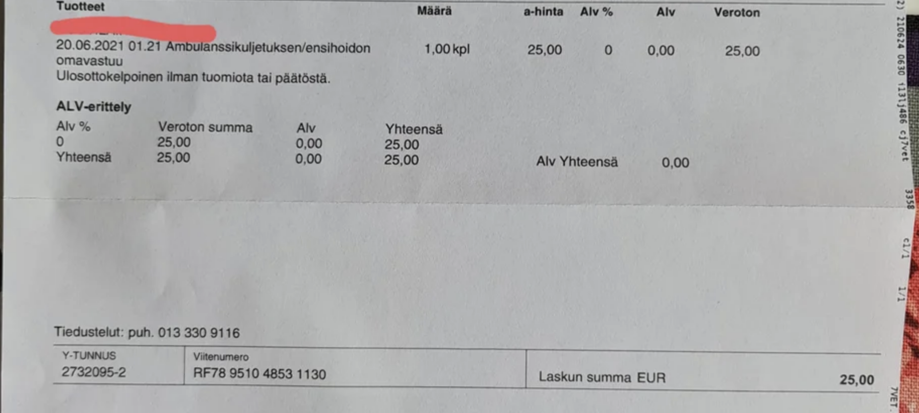 Bill showing that the hospital cost 25 euros