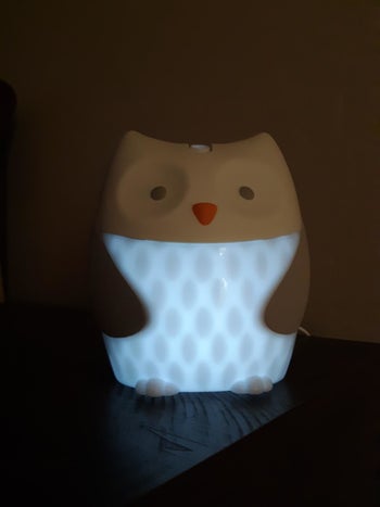 reviewer's photo of the owl with the glowing nightlight belly