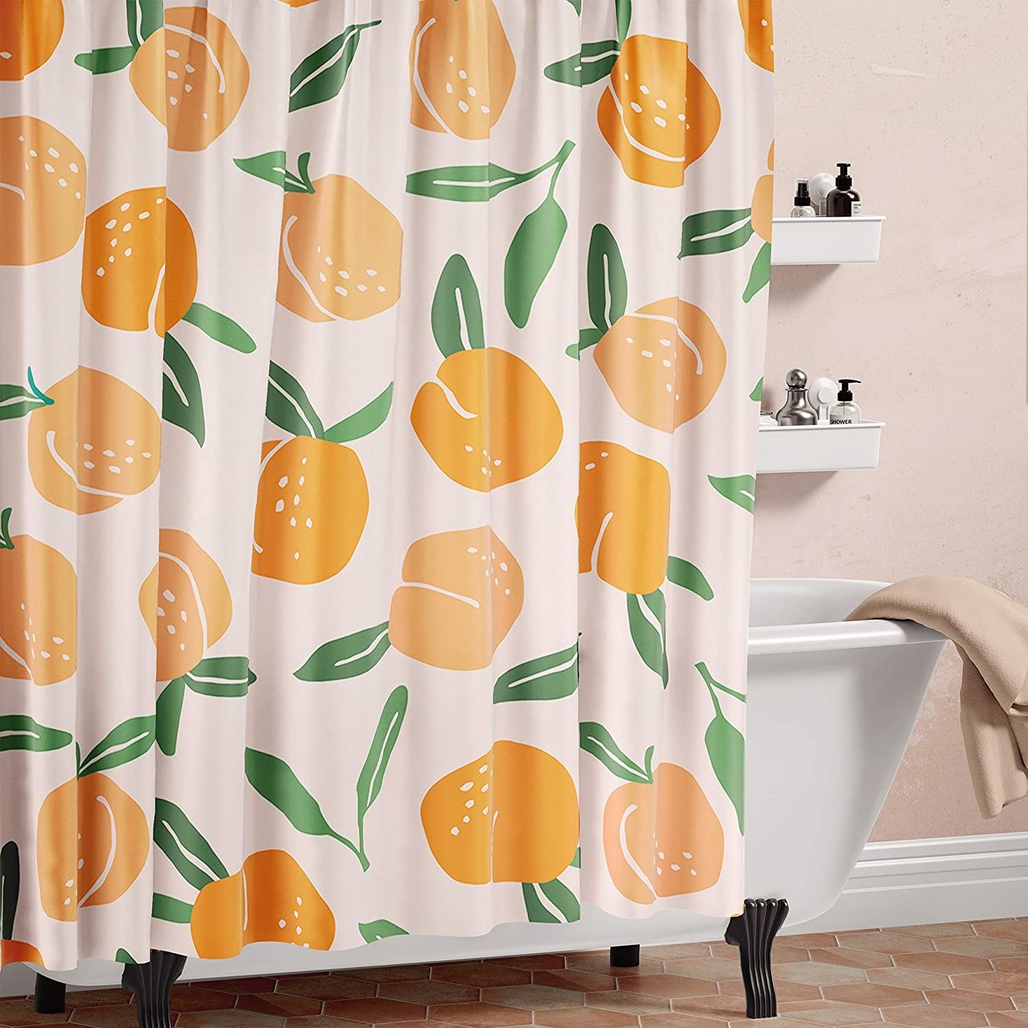 the shower curtain with the orange pattern