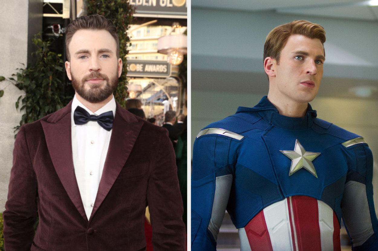 side by side of Chris Evans at an event and as Captain America