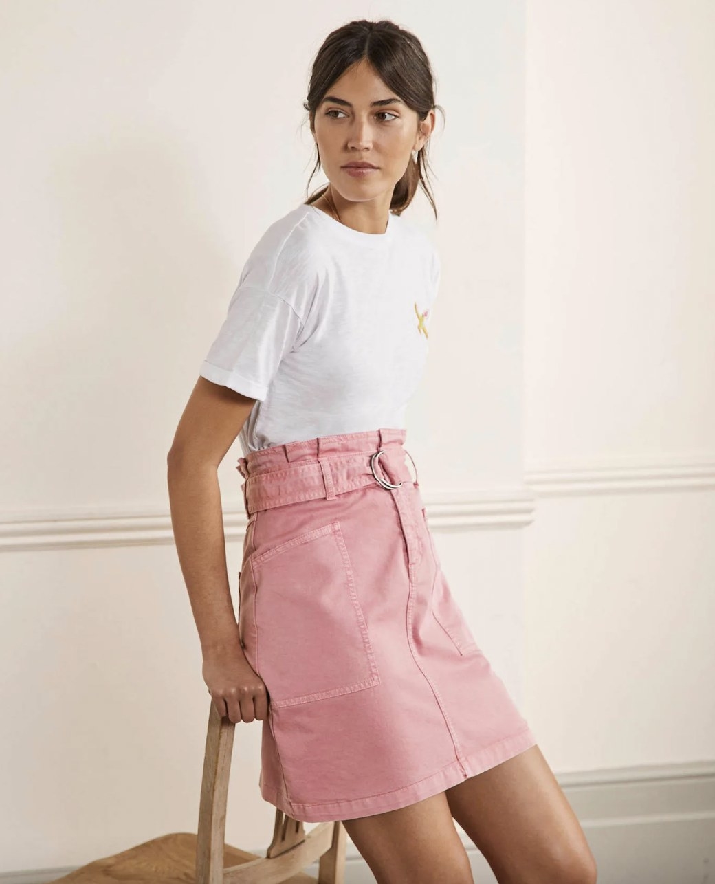 Model wearing paperbag skirt