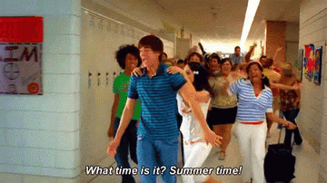 Gif of high school musical cast singing &quot;what time is it? summer time!&quot;