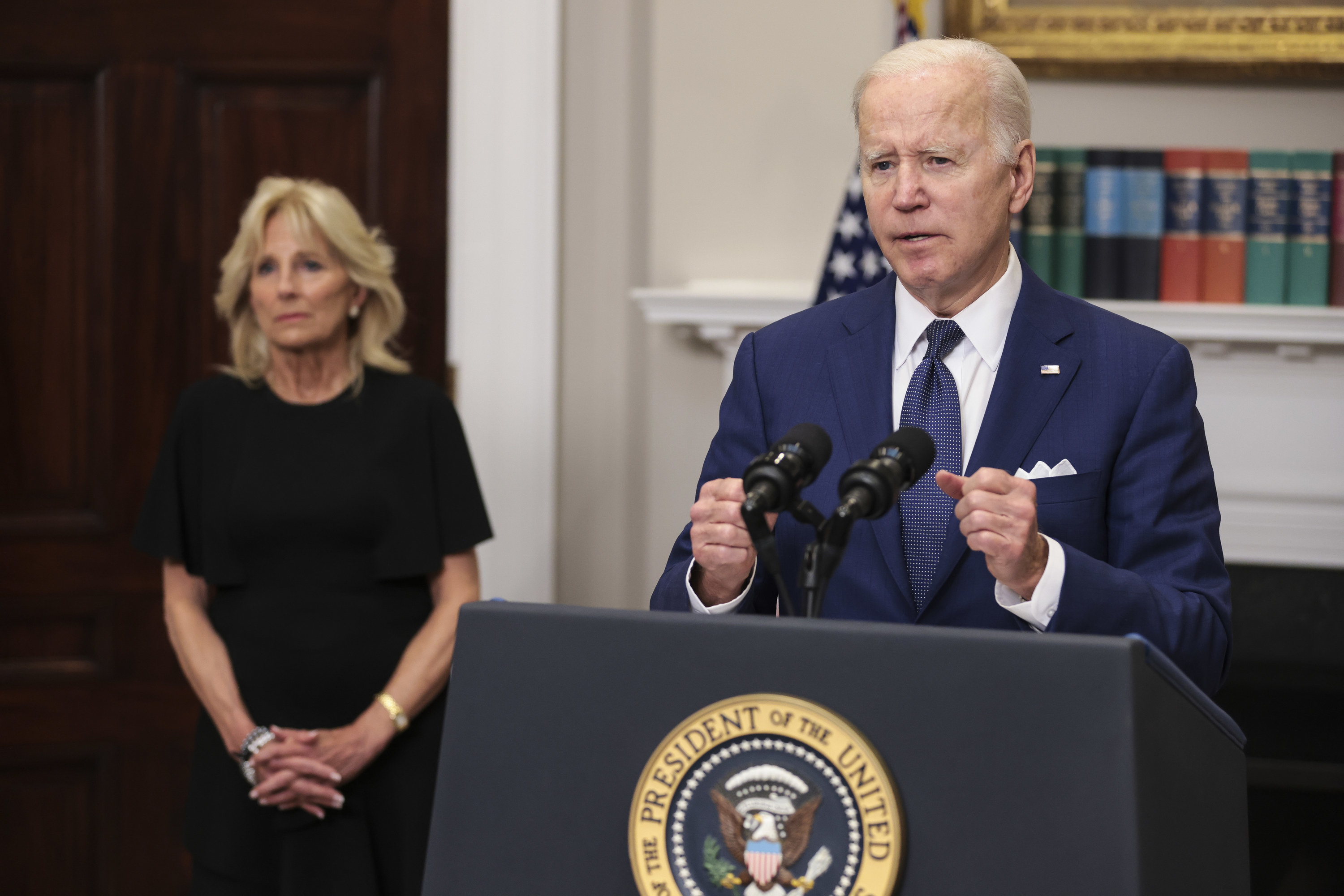President Joe Biden joined by First Lady Jill Biden, speaks to the nation about the mass shooting at Robb Elementary School in Uvalde, Texas, from the White House on May 24, 2022 in Washington, DC.