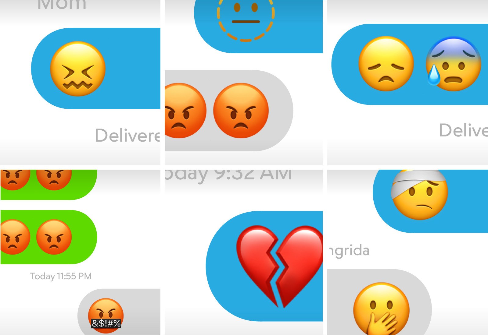 Art showing text messages with emojis representing a range of emotions: anger, sadness, heartbroken