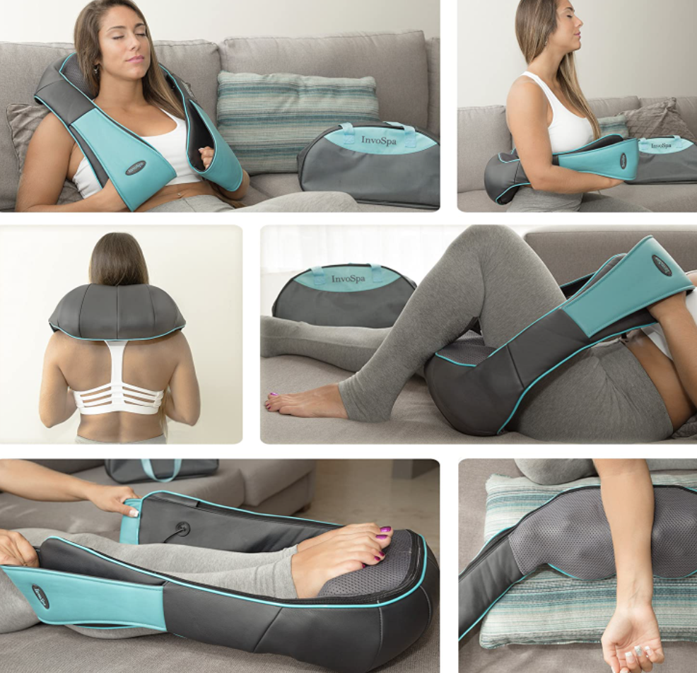 someone wearing the massage vest in different positions