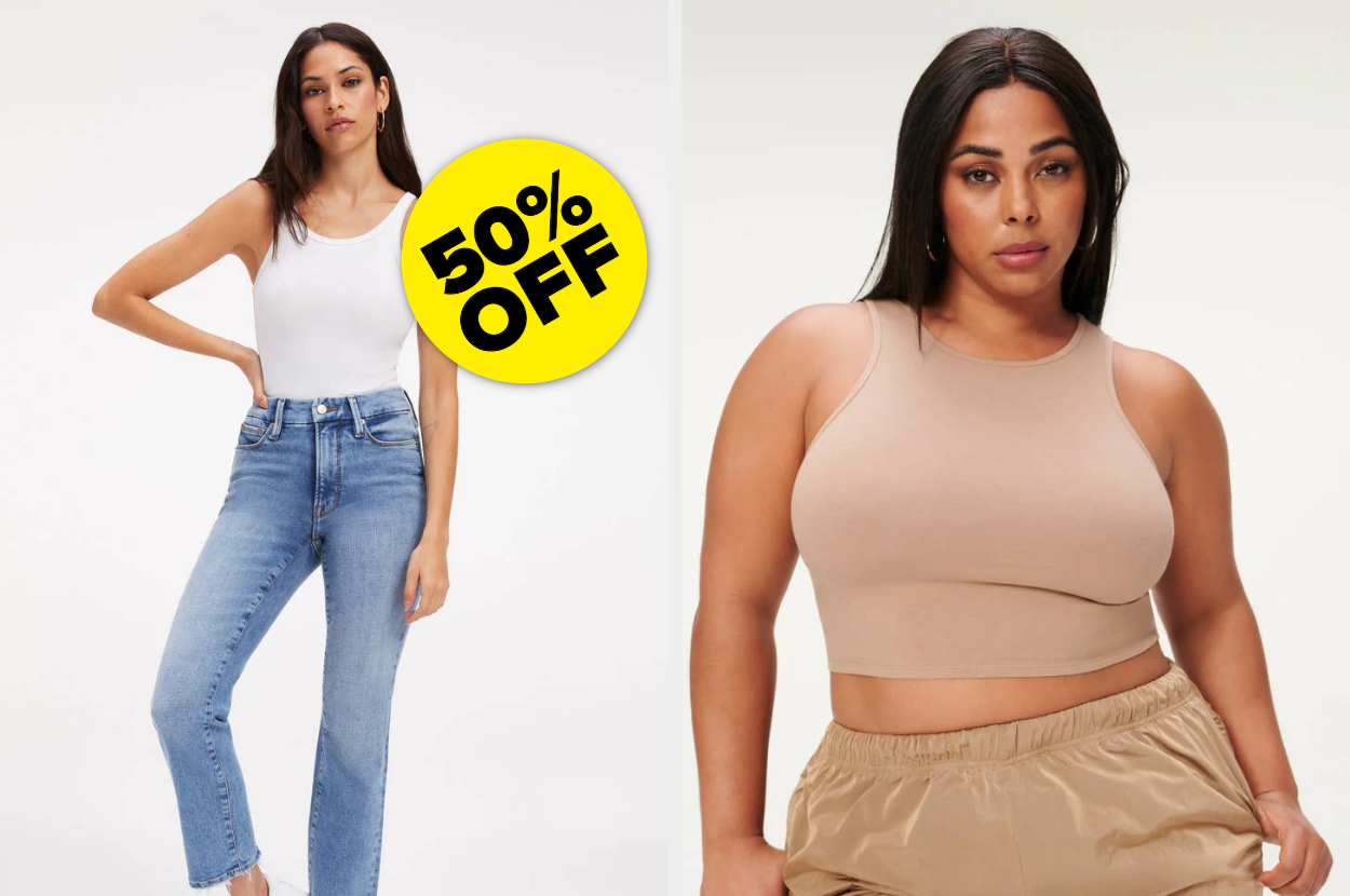 A person wearing a tank top with jeans, A person wearing a tank top with baggy pants