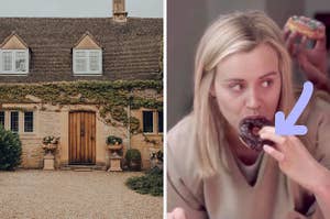 On the left, a cottage with vines growing above the front door, and on the right, Piper from Orange Is the New Black eating a chocolate donut with an arrow pointing to it
