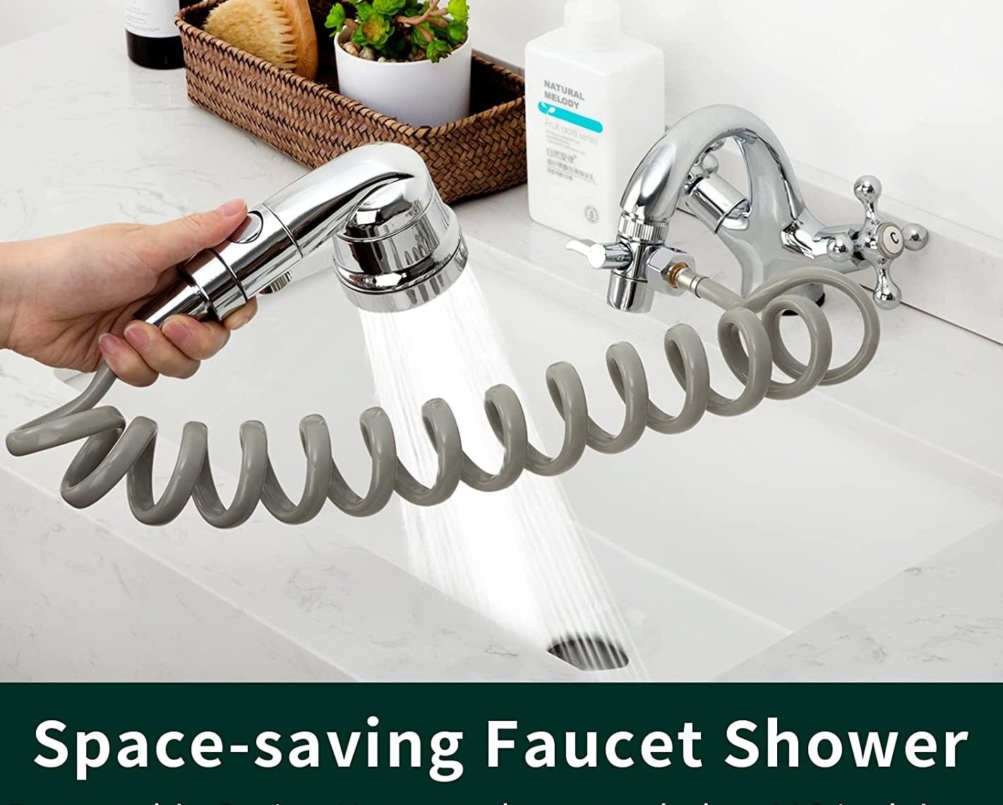 someone using the faucet-mounted showerhead