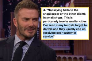 David Beckham looking perplexed next to an entry in the post saying you should acknowledge shopkeepers when you walk into a store