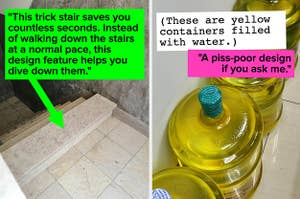 A stair that has a step down at the end and yellow 5 gallon bottles filled with water