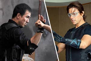 Jaka blocks the punch from a bad guy and Ethan Hunt looks down at his mechanical gloves
