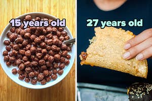 On the left, some chocolate cereal labeled 15 years old, and on the right, someone holding a crunchy taco with some bites taken out of it labeled 27 years old