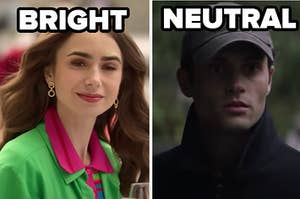 Emily in Paris is on the left labeled, "Bright" with Joe Goldberg labeled, "neutral"