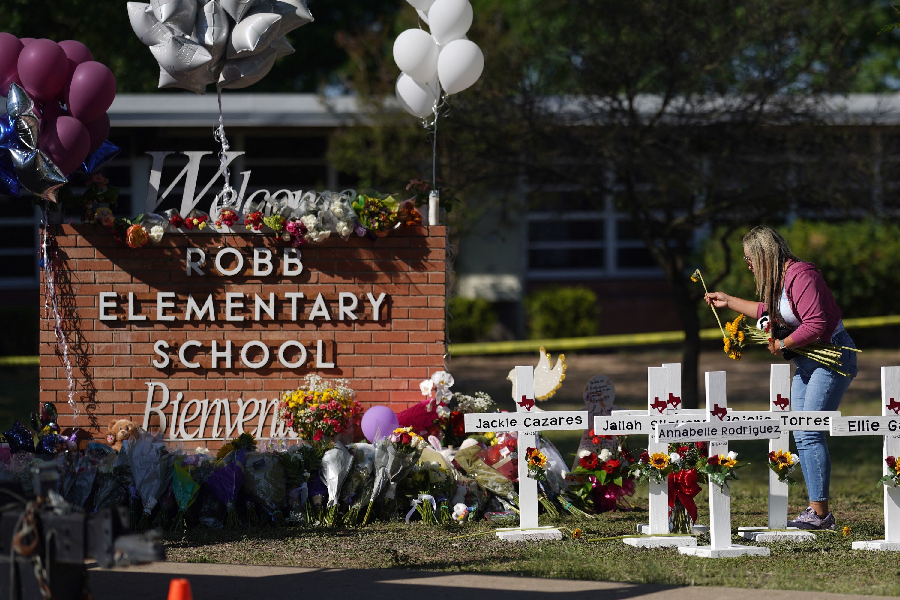 A memorial in front of Robb Elementary School for the children and teachers killed in the shooting