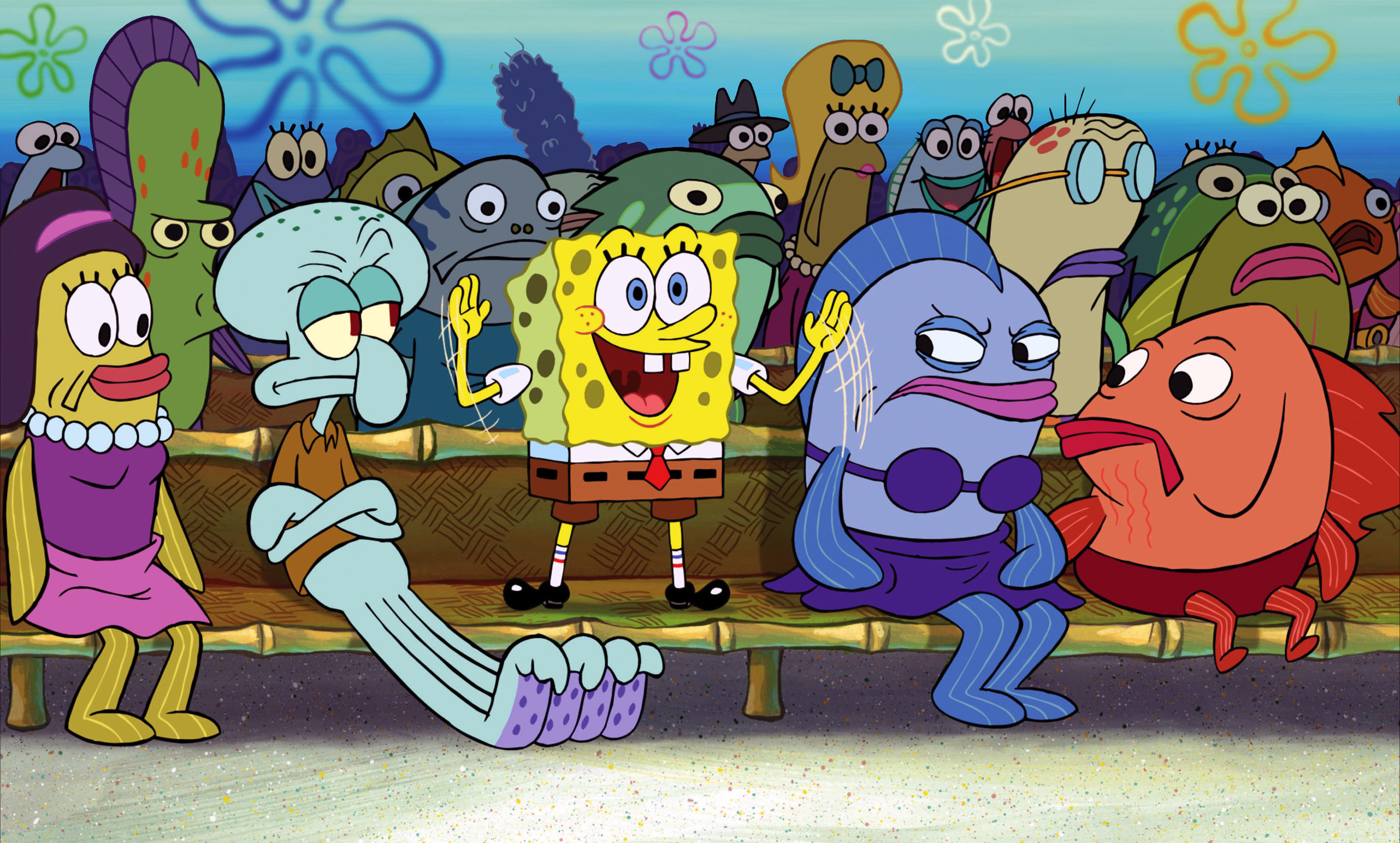 Squidward and other characters looking at an excited SpongeBob with disgust