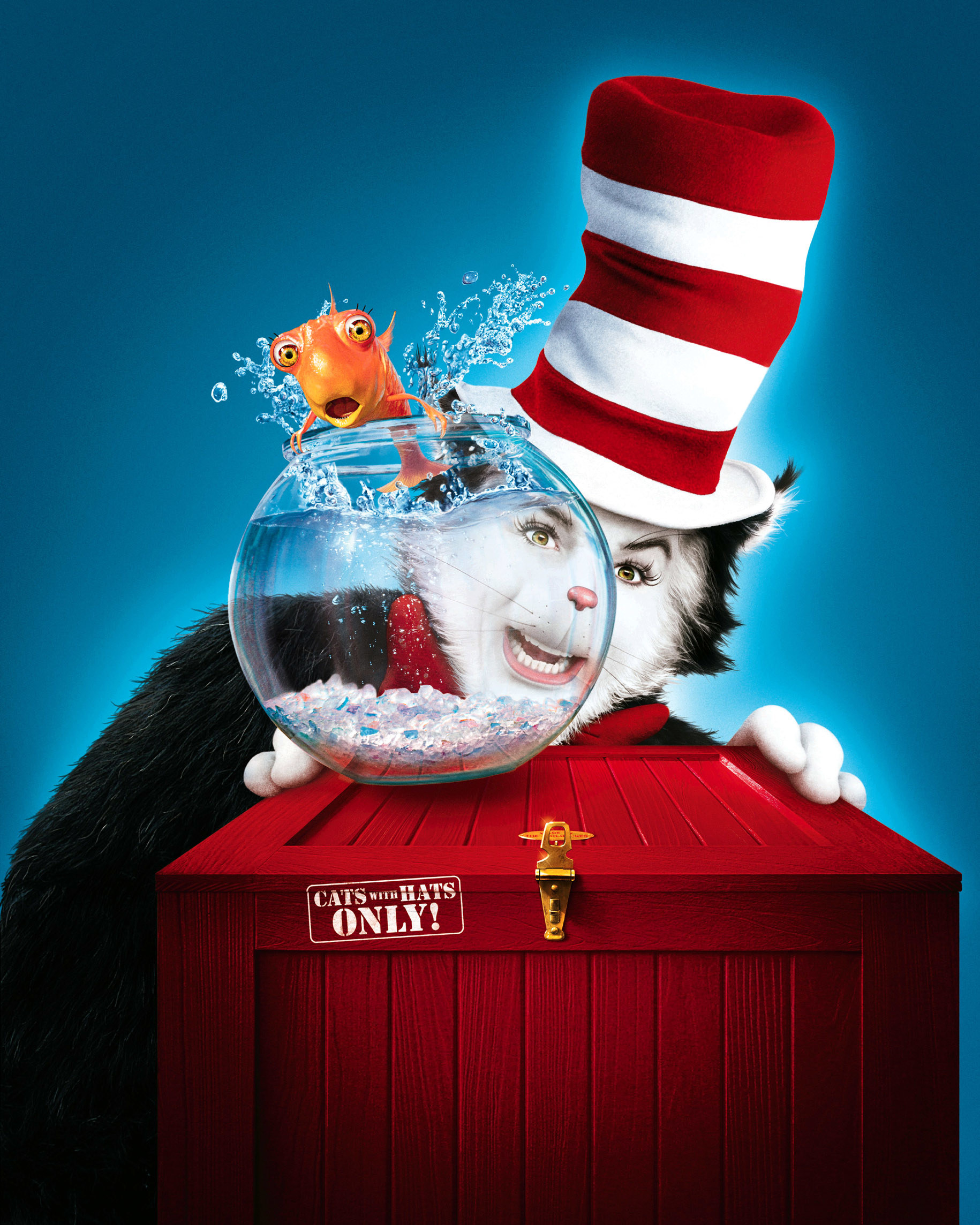 The fish coming out of the bowl with a shocked expression as the Cat in the Hat looks on