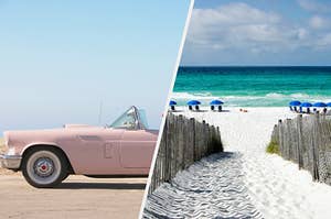 Split frame of a convertible car driving on the road and a sandy pathway down to a beach