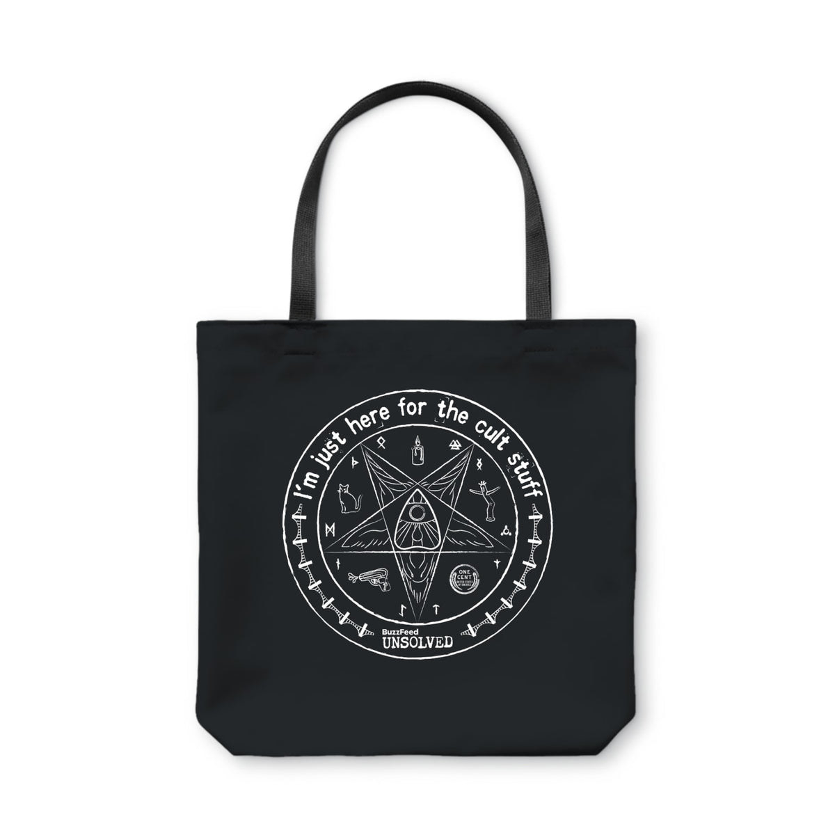 the black tote bag with white pentagram design and the text &#x27;i&#x27;m just here for the cult stuff&#x27;