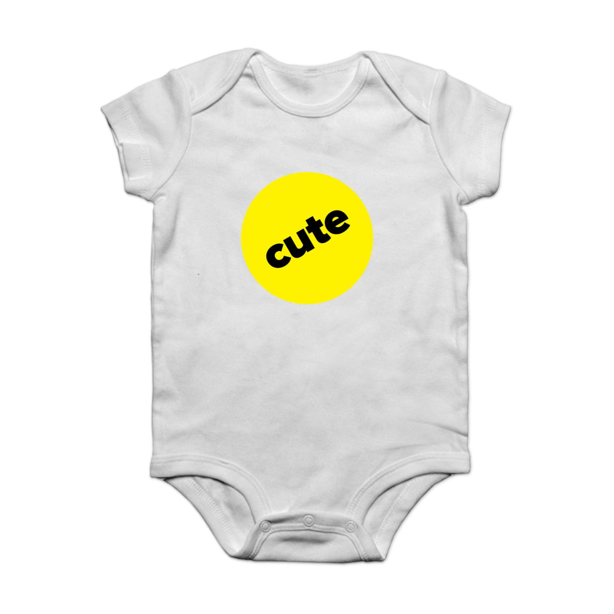 the white onesie with a yellow &#x27;cute&#x27; badge