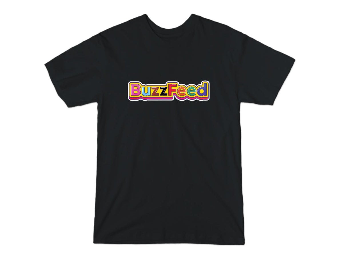 the black t-shirt with a rainbow BuzzFeed logo