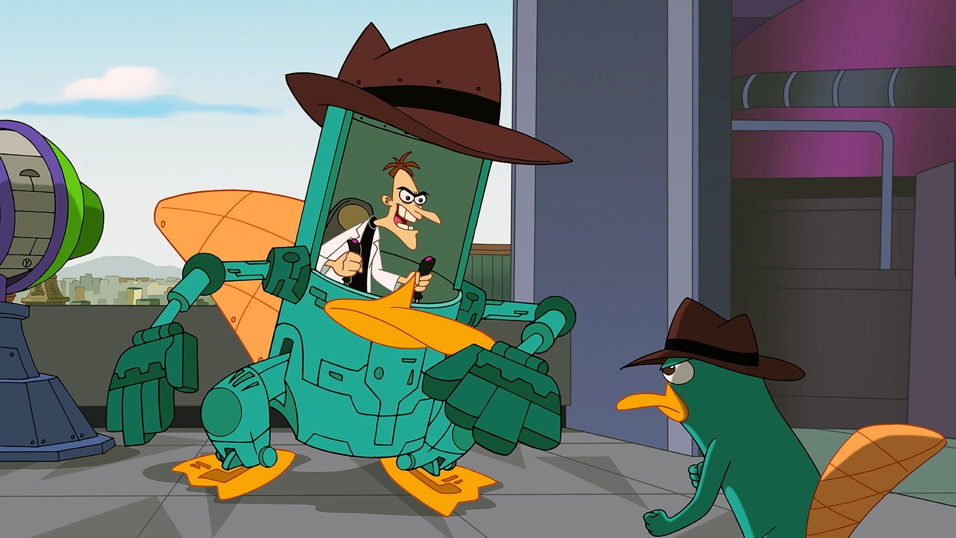 Dr. Doofenshmirtz operating a machine that&#x27;s wearing a hat