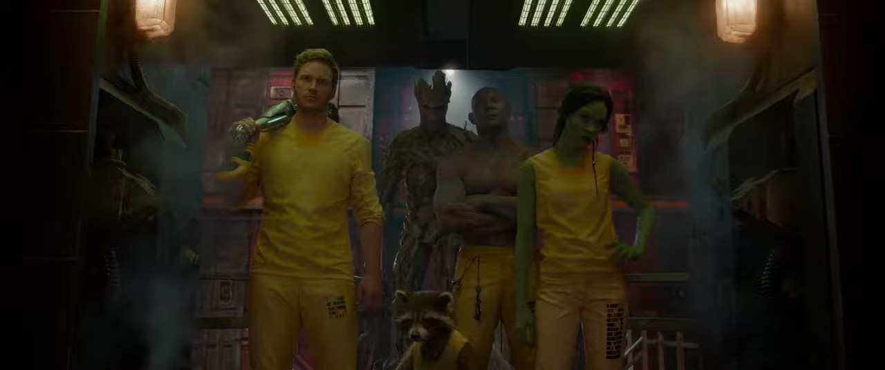 Star-Lord, Rocket, Groot, Drax, and Gamora in the Kyln in &quot;Guardians of the Galaxy&quot;