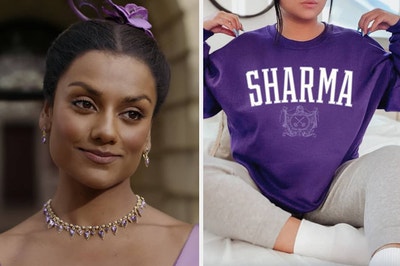 kate sharma and purple sweatshirt that says sharma