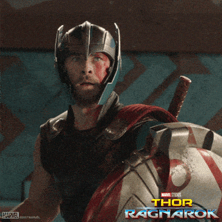 A GIF of Thor getting exciting and celebrating