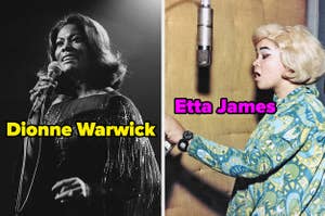 Dionne Warwick performing and Etta James recording in a studio