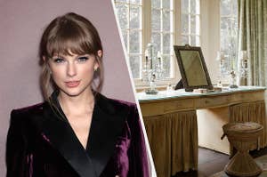Taylor Swift wears a velvet blazer and a mirror stands on a night stand