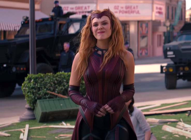 Wanda in her Scarlet Witch costume, which does not show any cleavage