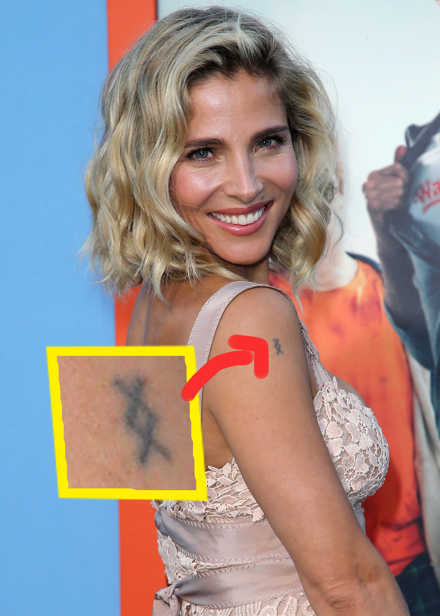 A close-up of the tattoo on her upper arm; it essentially looks like two X&#x27;s stacked on top of each other