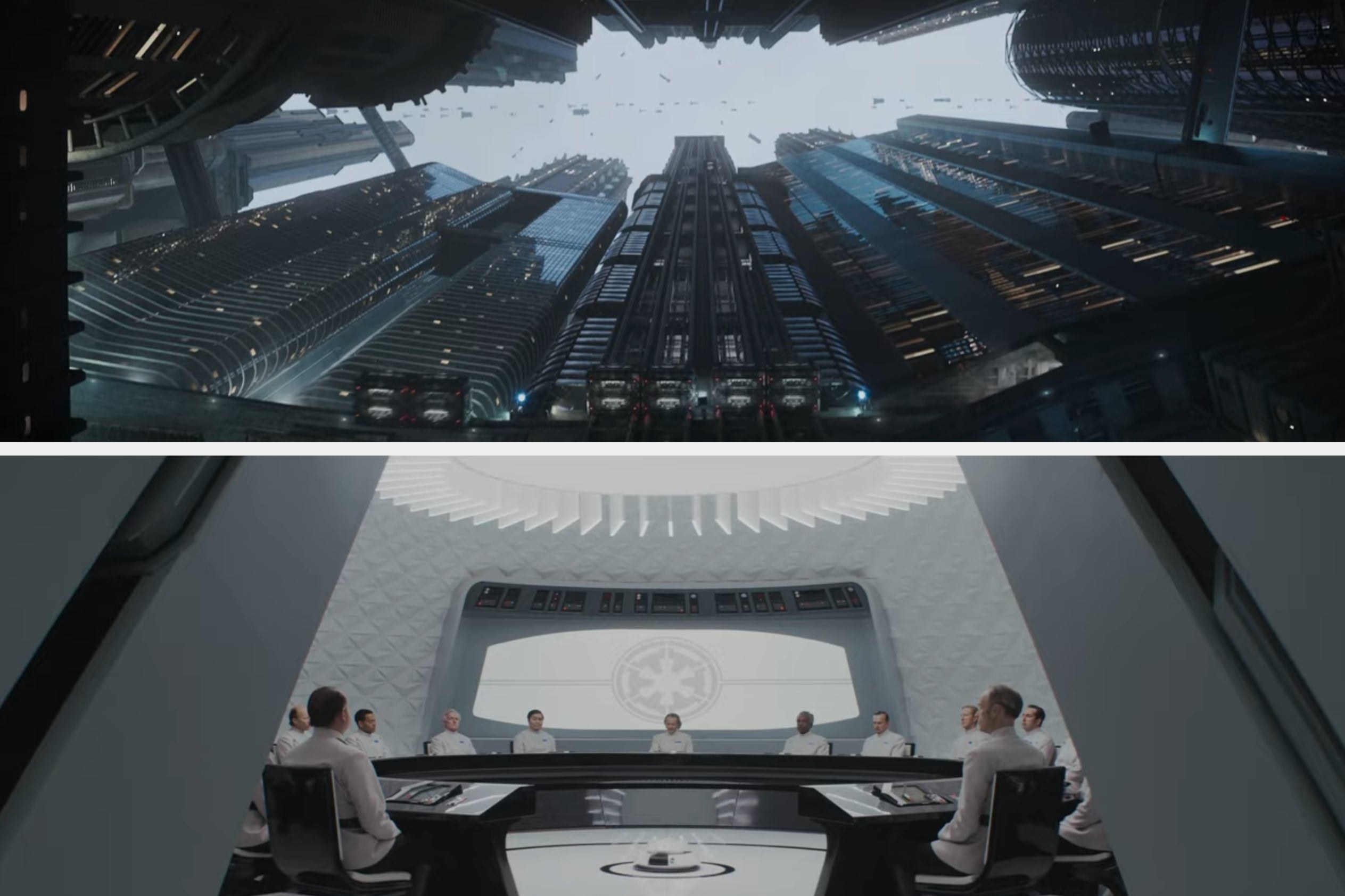 A futuristic city in &quot;Andor&quot;/An Imperial conference room with people sitting at a circular table in &quot;Andor&quot;