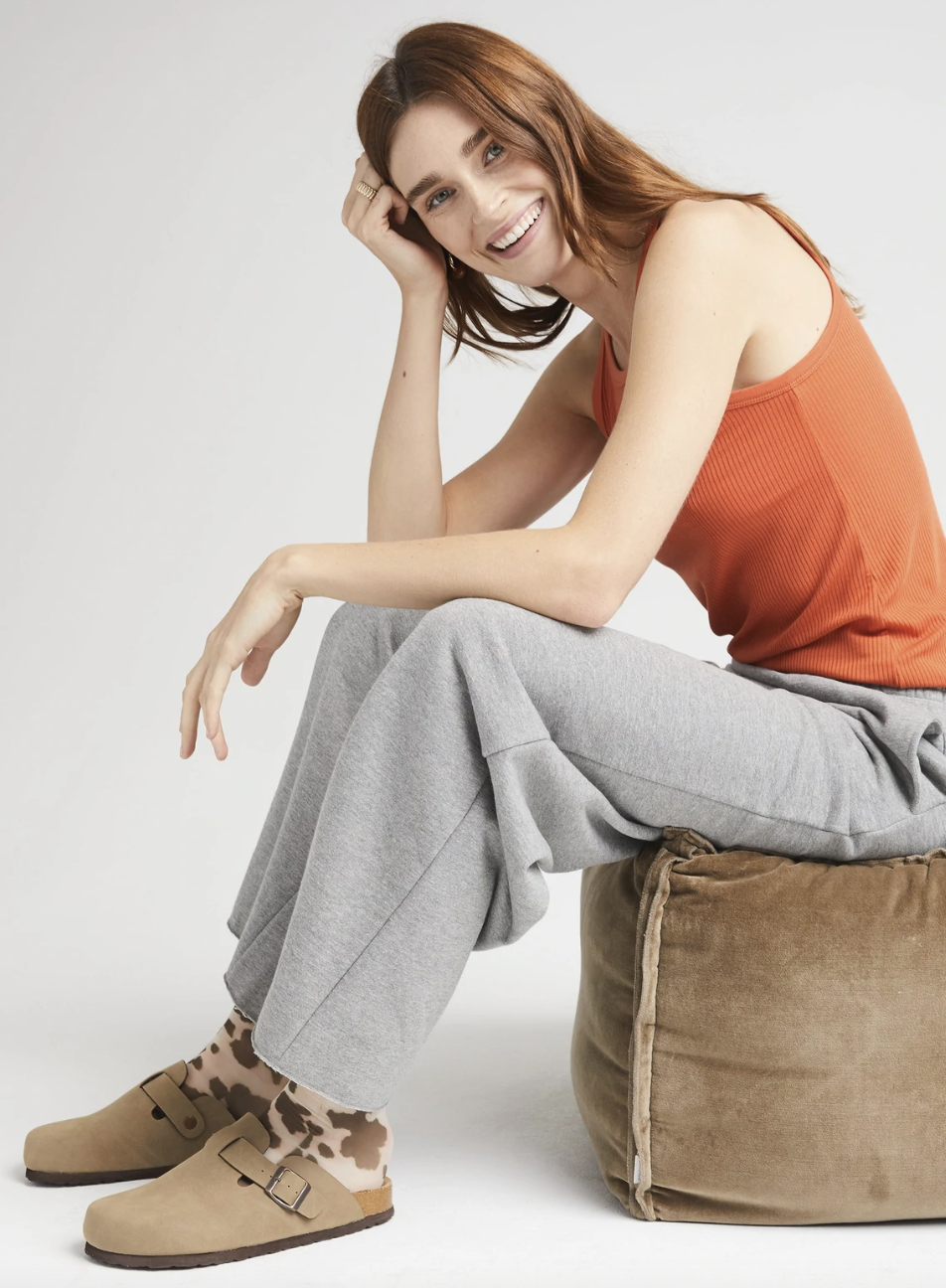 model wearing recycled fleece wide leg pants