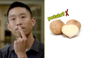 Someone pondering with jicama incorrectly labeled as a potato
