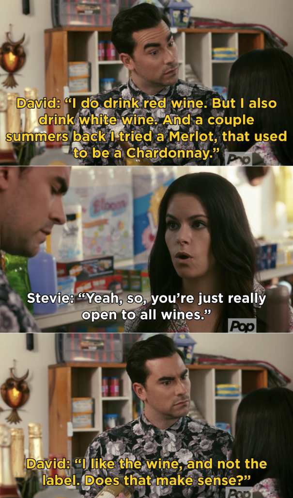 David from Schitt&#x27;s Creek using a wine analogy to describe how he identifies as pansexual