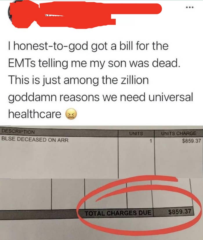 Tweet: &quot;I honest-to-god got a bill for the EMTs telling me my son was dead. this is just among the zillion goddamn reasons we need universal healthcare&quot; with a bill for $859