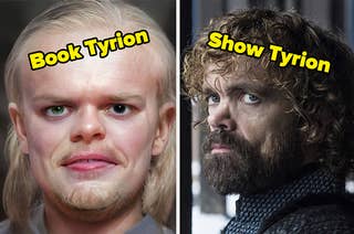 An AI created portrait showing a very blonde Tyrion Lannister with two different-colored eyes next to Peter Dinklage as Tyrion in the show