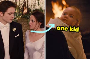 On the left, Bella and Edward from the Twilight Saga standing at the altar on their wedding day, and on the right, an arrow from Bella and Edward pointing to baby Renesmee with one kid typed under her chin